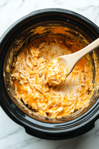 This image shows the ingredients for Buffalo Chicken Dip being stirred together in the crockpot to combine the chicken, cheeses, and sauces evenly.