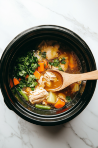 This image shows a spoon stirring the chicken, vegetables, and broth together in the slow cooker, ensuring the ingredients are well combined.