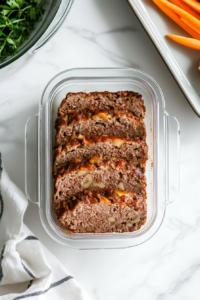 This image shows slices of meatloaf neatly packed into an airtight container, ready to be stored in the refrigerator for later use.