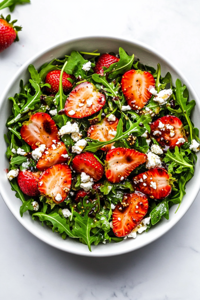 This image shows a colorful strawberry arugula salad in a white bowl, topped with crumbled feta and tossed in a tangy vinaigrette made with olive oil, Dijon mustard, red wine vinegar, lemon juice, balsamic vinegar, rosemary, sage, celery seed, and pepper.