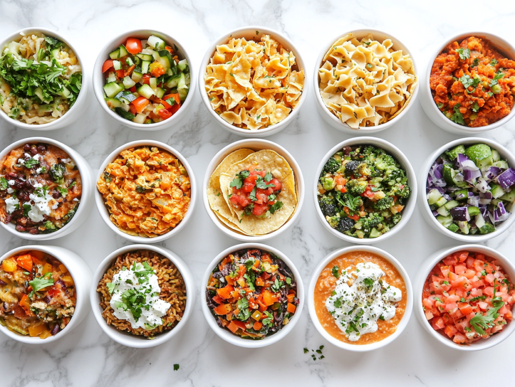 This image showcases ten delicious veggie dishes served in pristine white bowls placed on a white marble slab. The dishes include vibrant options like rajas tacos, eggplant lasagna, sweet potato and bean enchiladas, vegetarian enchiladas, and crispy egg noodles with tofu, offering a wholesome and visually stunning spread of plant-based recipes.