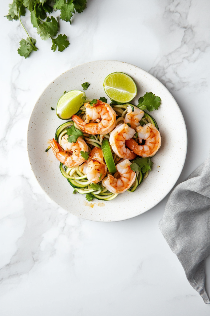 This image shows tequila lime shrimp noodles garnished with fresh chopped cilantro and served with halved lemons on the side, perfect for a tangy and refreshing low-carb meal.