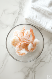 This image shows frozen shrimp being thawed under a stream of cold water, ensuring they are ready to be seasoned and baked.