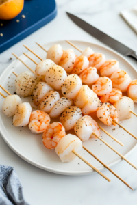 This image shows marinated shrimp and scallops being carefully threaded onto wooden skewers, ready for the grill.