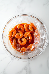 Tiger prawns coated in a spiced Greek yogurt marinade, resting to absorb the bold flavors before grilling.