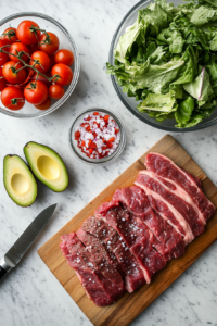 This image shows raw ingredients for the Steak Cobb Salad, including romaine lettuce, cherry tomatoes, eggs, steak, avocado, red onion, and bacon, arranged on a cutting board for preparation.