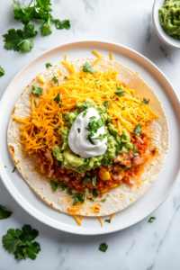 A tortilla filled with chicken fajita mixture is topped with shredded cheese, sour cream, guacamole, and a sprinkle of cilantro for added flavor.