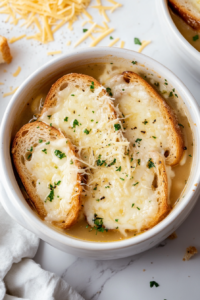 This image shows a top-down shot of a slice of bread being placed on top of the French Onion Soup, followed by melted cheese for added richness and flavor.