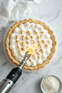 This image shows the fluffy vegan meringue being spread evenly over the cooled coconut pie, creating a smooth and airy topping.