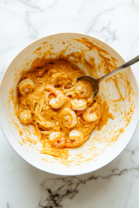 This image shows the pasta and shrimp being tossed together in the skillet with the creamy Bang Bang sauce, ensuring every bite is coated with flavor.