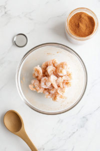 this image shows close-up of raw shrimp being coated with Cajun seasoning in a glass bowl, preparing them for a flavorful Keto Cajun Caesar Salad recipe.