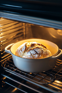 This image shows a soft, risen no-knead bread dough being carefully transferred from a bowl into a preheated Dutch oven lined with parchment paper, ready for baking.