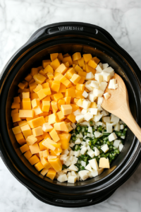 This image shows a flavorful sautéed mixture of onions and jalapeños being poured into a crockpot, ready to become part of the creamy queso dip.