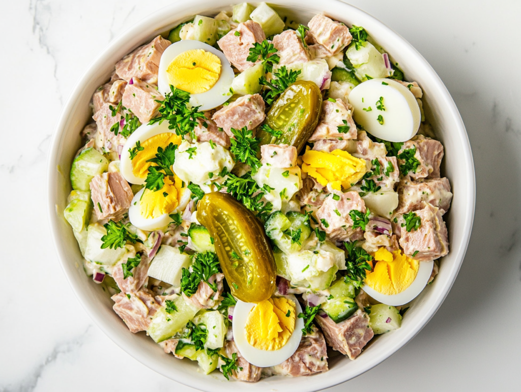 this image shows bowl of creamy tuna salad with egg, featuring chunks of tuna, diced celery, pickles, and onions, combined with a rich dressing of mayonnaise, mustard, parsley, and paprika, perfect as a standalone dish or sandwich filling.