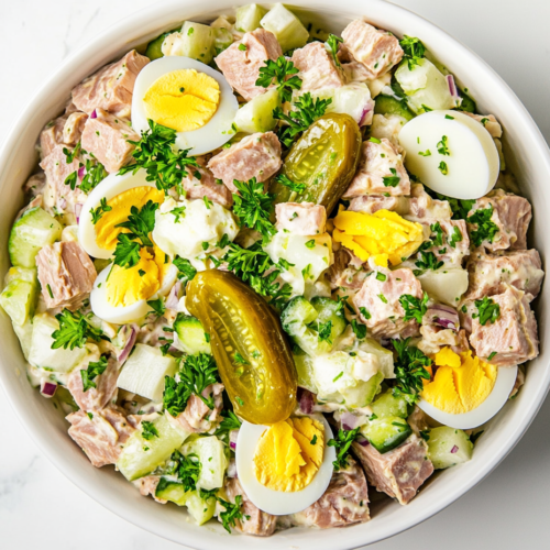 this image shows bowl of creamy tuna salad with egg, featuring chunks of tuna, diced celery, pickles, and onions, combined with a rich dressing of mayonnaise, mustard, parsley, and paprika, perfect as a standalone dish or sandwich filling.