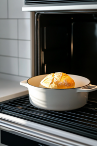 This image shows the Dutch oven without its lid, allowing the bread to brown and develop a golden, crusty exterior in the final stages of baking.