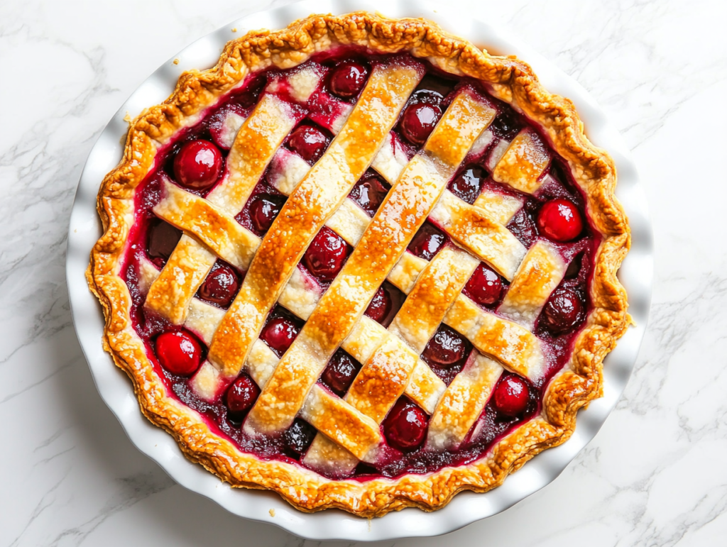 This image shows a vegan cherry pie in a round dish, featuring a beautifully woven lattice crust that is golden brown and crispy, filled with vibrant red cherries that peek through the lattice.