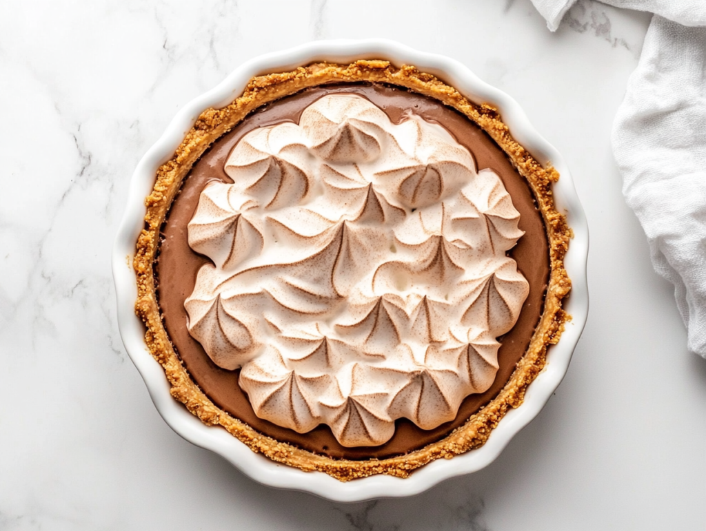 this image shows the meringue topping is torched to achieve a golden brown finish, adding a beautiful caramelized texture to the Vegan Chocolate Meringue Pie.