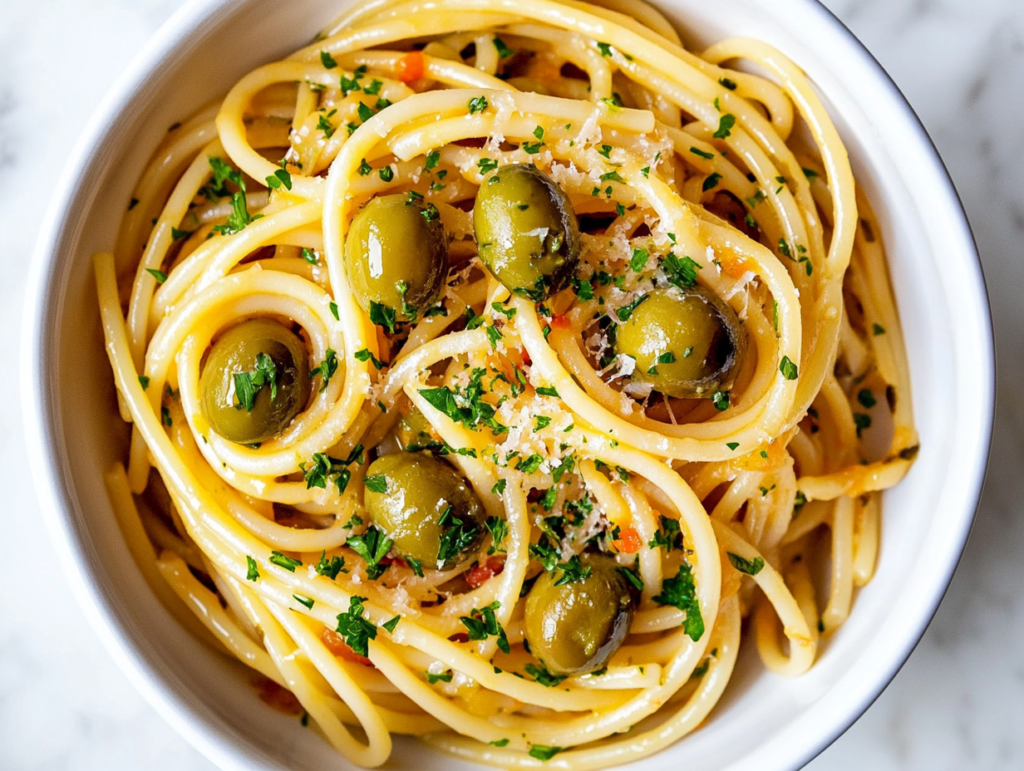 this image shows A delectable plate of Vegan Green Olive Pasta Sauce served on a white plate, garnished with shredded cheese, chopped cilantro, and sliced green olives, creating a creamy and flavorful dish.