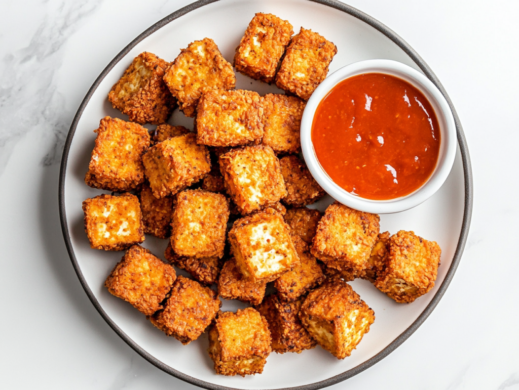 This image shows a Crispy golden Vegan KFC-style fried chicken pieces arranged in a square shape on a plate, served with a creamy dipping sauce on the side for an indulgent treat.