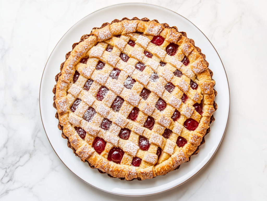 This image shows a beautifully baked Vegan Linzer Torte in a white round dish, featuring a golden brown crust, vibrant red currant jelly filling, and a delicate dusting of powdered sugar on top for a classic and elegant dessert.