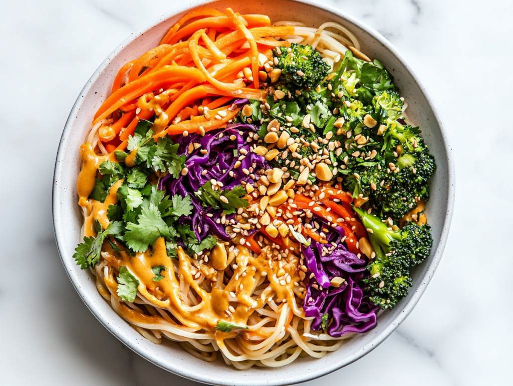 this image shows A white ceramic bowl filled with vibrant Vegan Rainbow Peanut Noodles, topped with colorful vegetables, crushed peanuts, sesame seeds, and a drizzle of creamy peanut sauce.