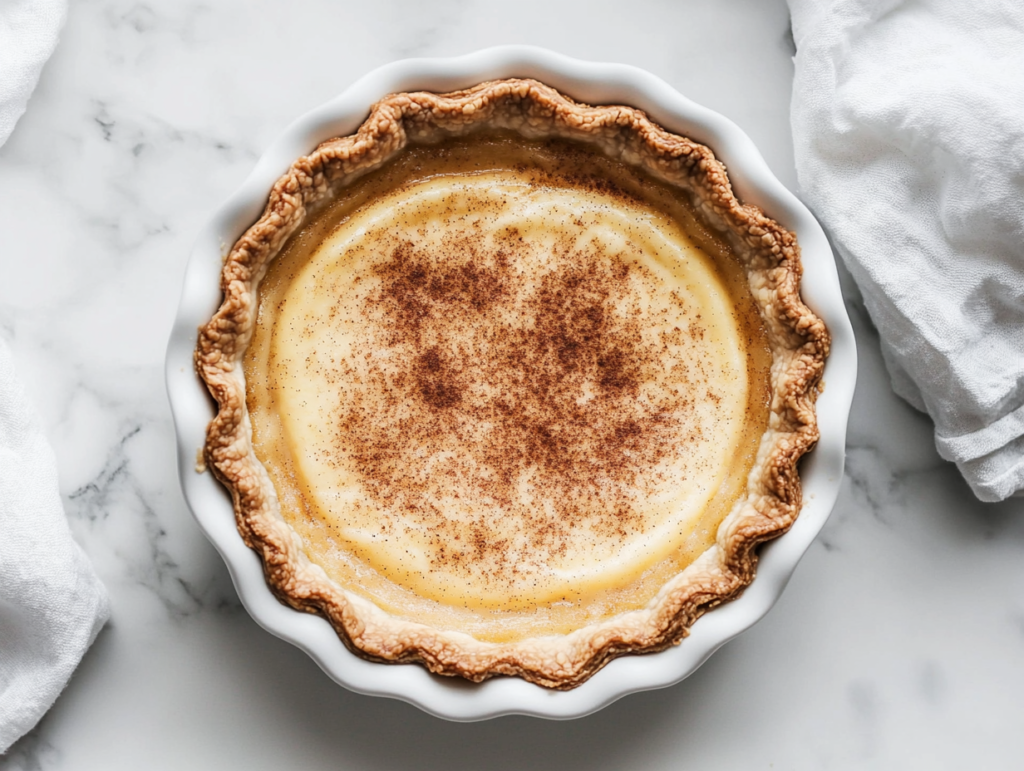 this image shows A delicious slice of Vegan Sugar Cream Pie topped with ground cinnamon, garnished with a sprinkle of cinnamon sugar, and a creamy coconut milk filling, ready to be served.