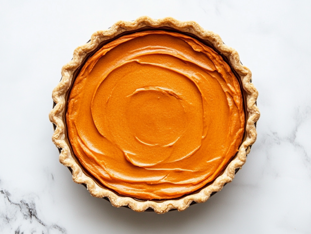 This image shows a perfectly baked vegan sweet potato pie in a round dish, featuring a smooth golden-brown filling with a slightly jiggly center, looking irresistibly creamy and delicious.