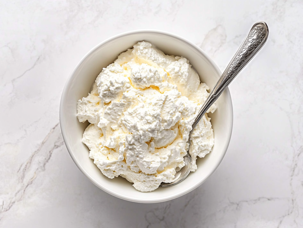 This image shows creamy and white vegan whipped cream made from chickpea liquid, served in a white bowl with a silver spoon ready to be enjoyed.