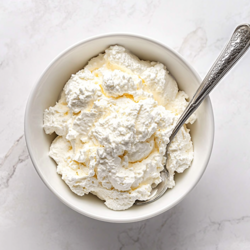 This image shows creamy and white vegan whipped cream made from chickpea liquid, served in a white bowl with a silver spoon ready to be enjoyed.