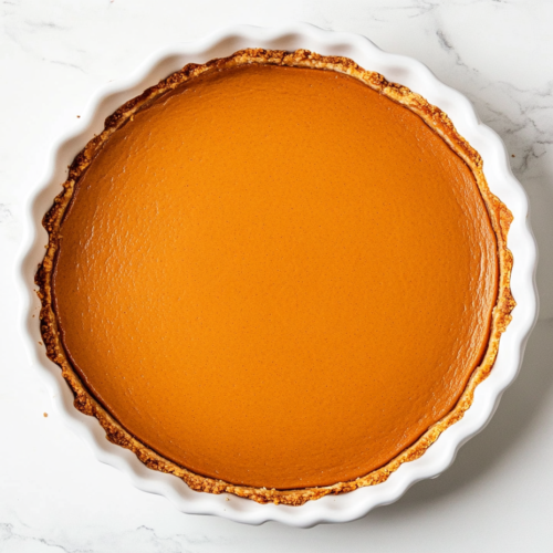 This image shows a beautifully baked vegan and gluten-free crustless pumpkin pie, featuring a smooth, spiced pumpkin filling in the center, surrounded by a golden almond butter crust, perfect for a wholesome dessert.