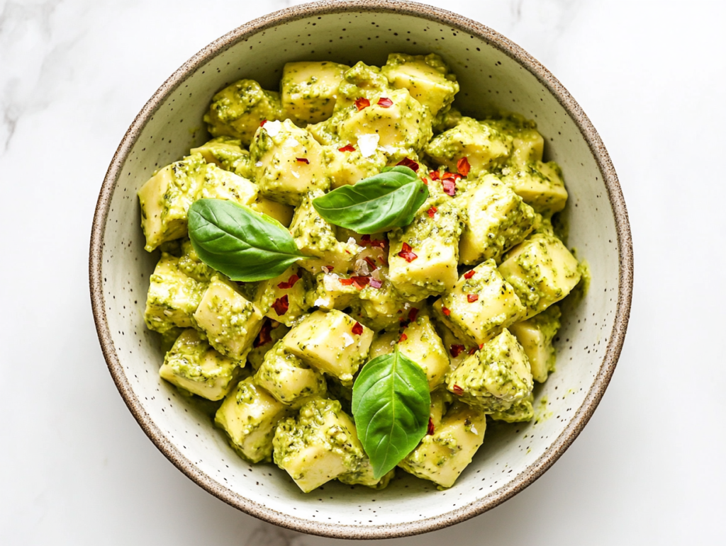 this image shows A white ceramic bowl filled with creamy vegan avocado pesto pasta, tossed in rich green pesto sauce, and topped with fresh basil, red pepper flakes, and cashew parmesan for a flavorful and elegant presentation.