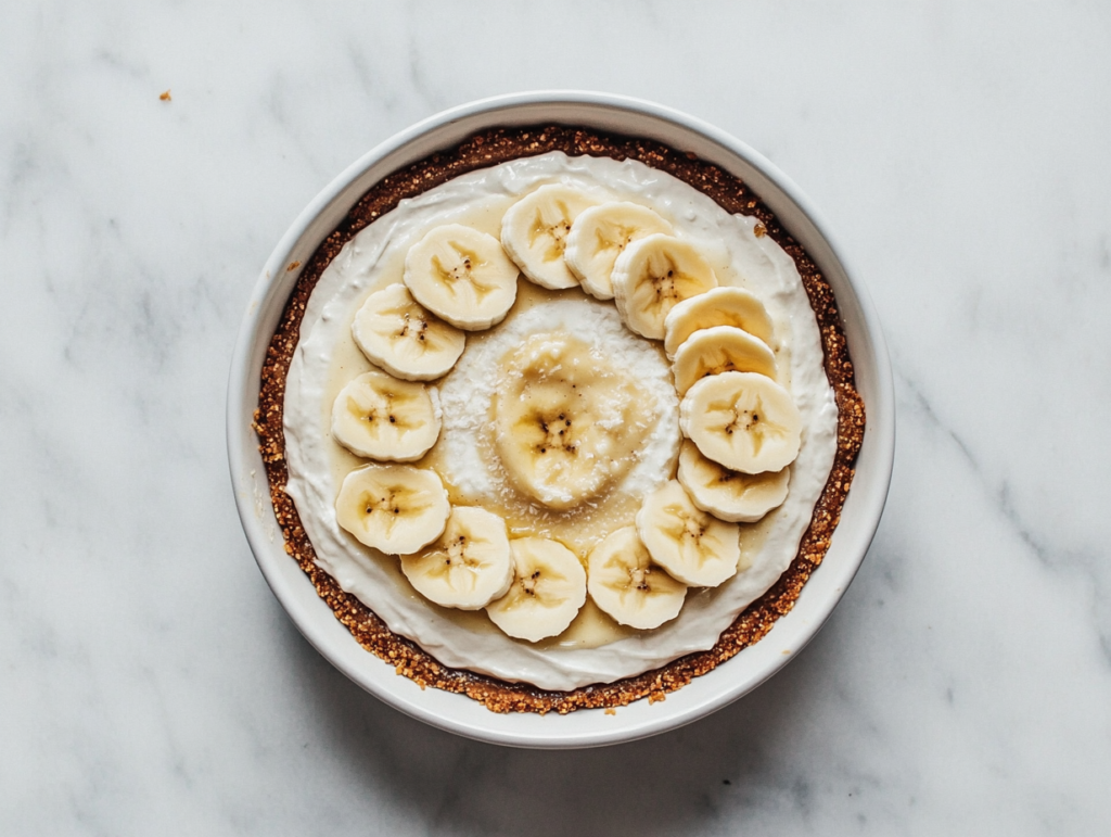 This image shows a vegan banana cream pie presented in a round white baking dish. The pie features a creamy filling made with whipped coconut cream, vanilla, and powdered sugar, topped with perfectly arranged banana slices.