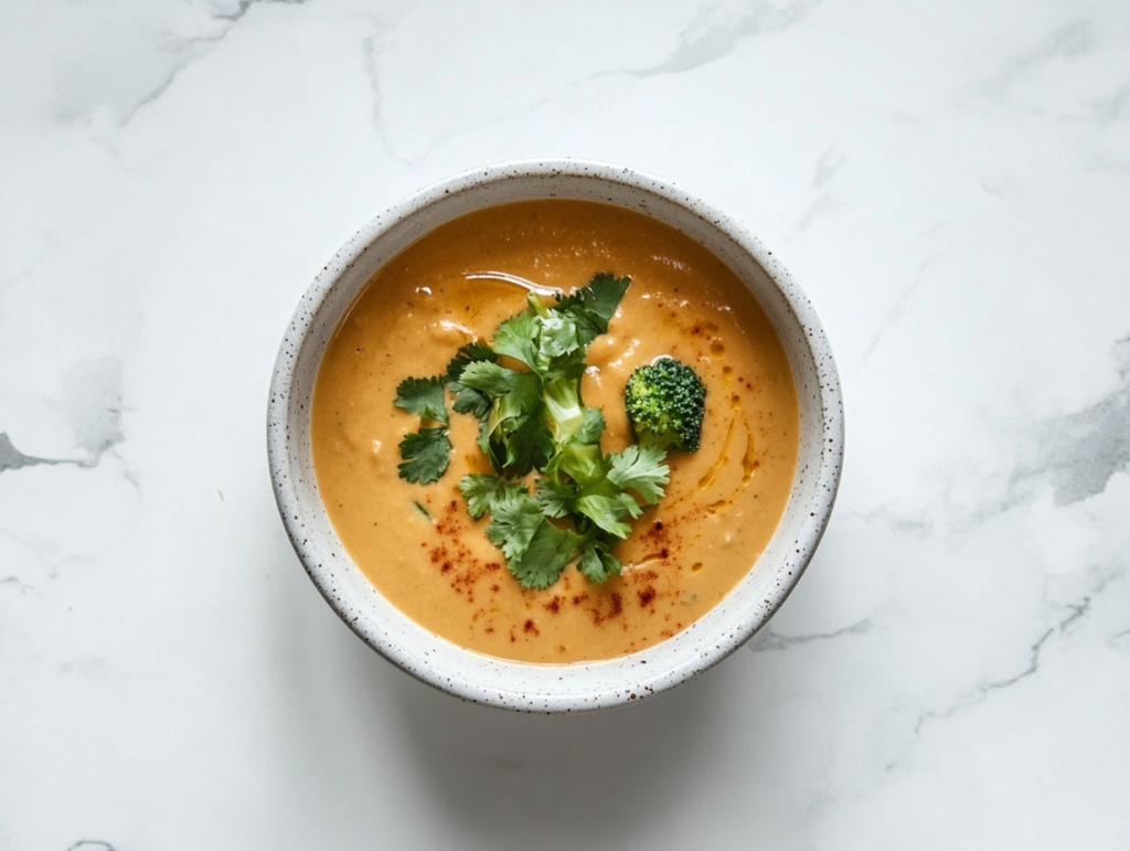 This image shows a creamy vegan broccoli cheese soup served in a bowl, enriched with nutritional yeast, steamed broccoli, and garnished with fresh chopped cilantro for added color and flavor.