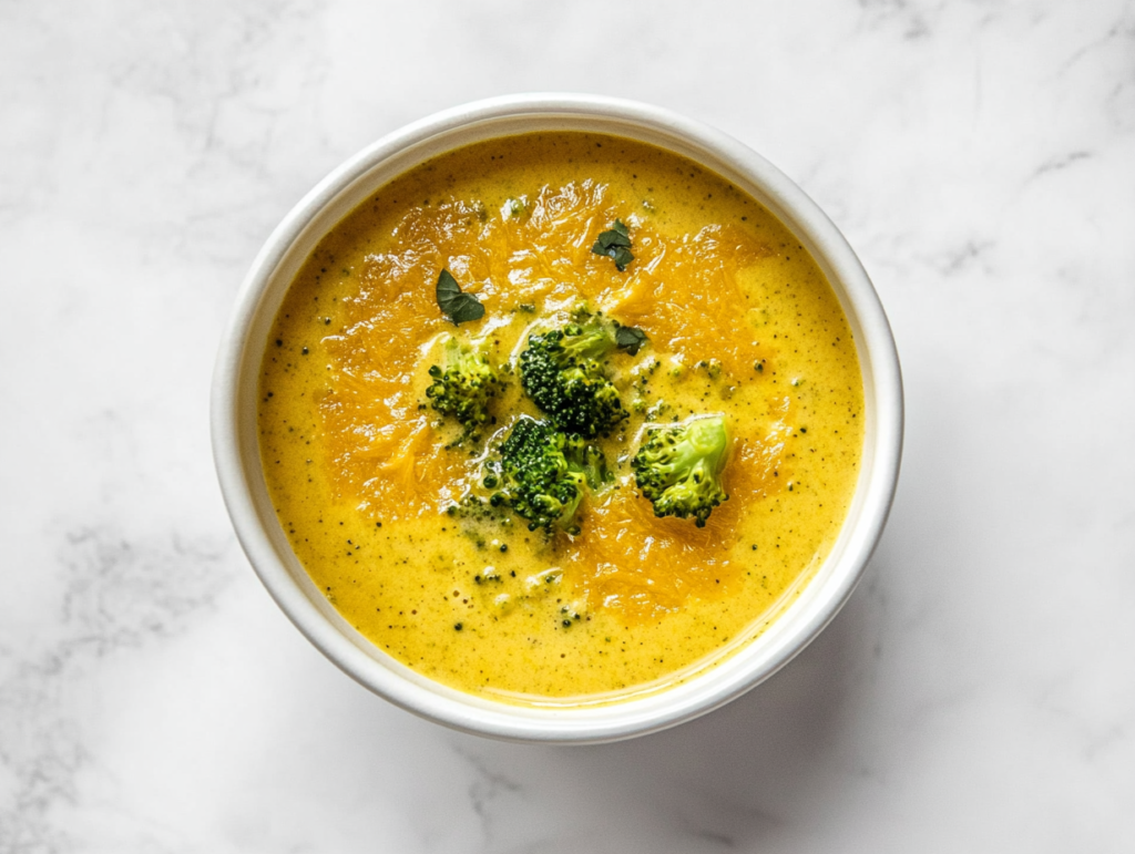 This image shows a creamy vegan broccoli cheese soup served in a white bowl, made with blended russet potato, onion, broccoli, cashews, and carrots, and garnished with small broccoli pieces.