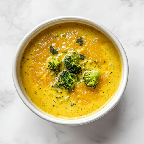 This image shows a creamy vegan broccoli cheese soup served in a white bowl, made with blended russet potato, onion, broccoli, cashews, and carrots, and garnished with small broccoli pieces.