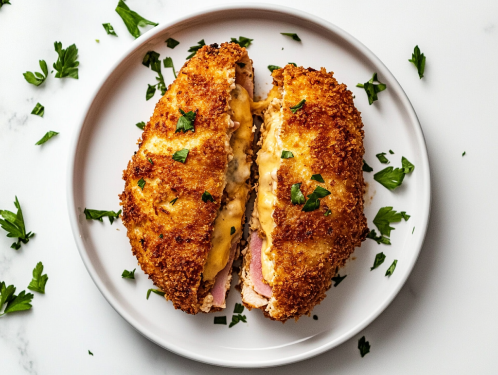 This image shows a beautifully plated vegan chicken cordon bleu sliced in half, revealing layers of vegan cheese and ham, garnished with fresh chopped cilantro on a white round plate.