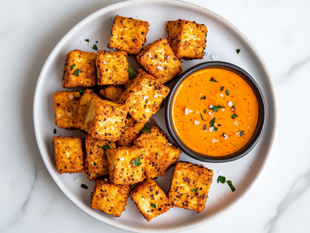 This image features crispy vegan chicken tenders marinated in flavorful spices, arranged in a square shape, with a side of creamy buffalo mayo for dipping.