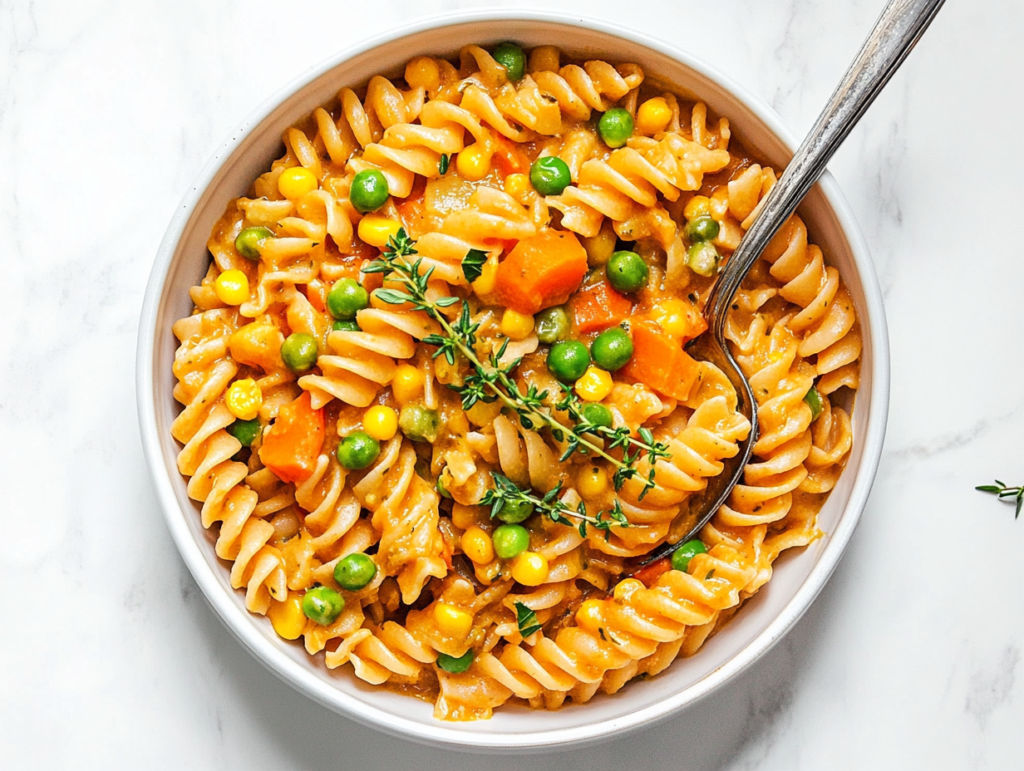 this image shows A comforting bowl of vegan chickpea pot pie pasta, enriched with peas, corn, and carrots, creating a hearty and colorful meal with a creamy sauce.