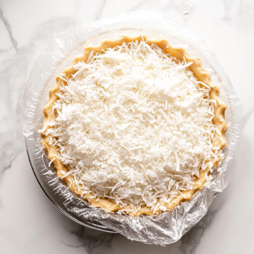 This image shows a vegan coconut meringue pie featuring a creamy coconut filling made with coconut milk, shredded coconut, and a meringue topping sprinkled with toasted coconut shavings, served as a delightful dessert.