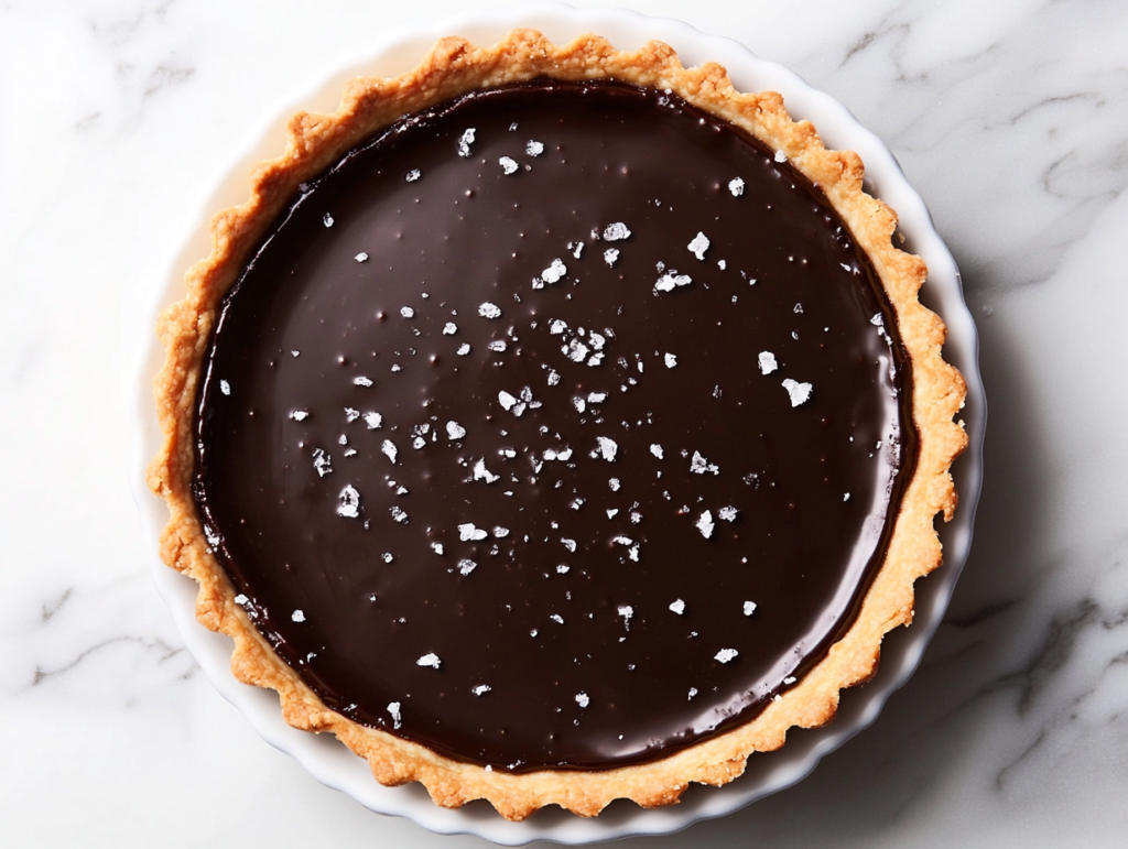 This image shows a rich and glossy vegan dark chocolate tart in a round dish, with the smooth chocolate filling perfectly set in a golden crust, ready to serve as an indulgent dessert.