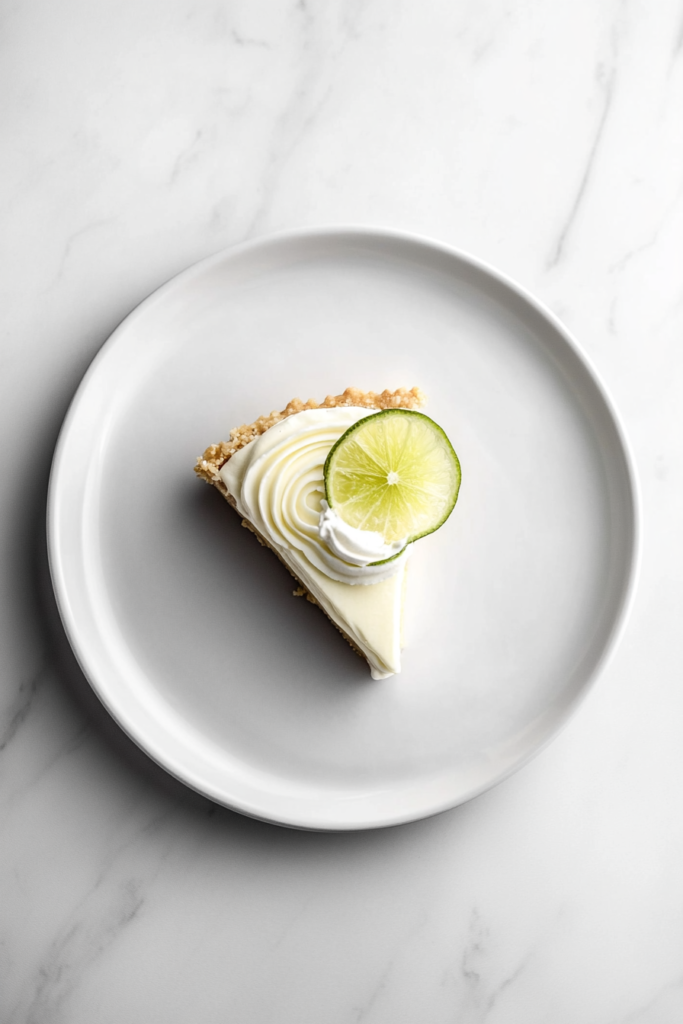 this image shows tangy and creamy vegan key lime pie slice, served on a white round plate and garnished with a fresh lemon slice for a zesty finish.