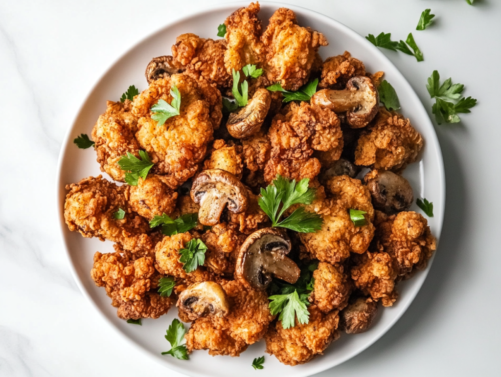 A beautifully plated vegan mushroom fried chicken recipe, featuring crispy fried oyster mushrooms and vegan chicken, garnished with fresh chopped cilantro on a white round plate.