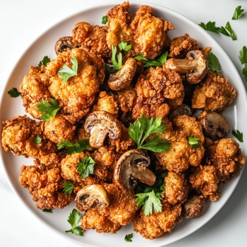 A beautifully plated vegan mushroom fried chicken recipe, featuring crispy fried oyster mushrooms and vegan chicken, garnished with fresh chopped cilantro on a white round plate.