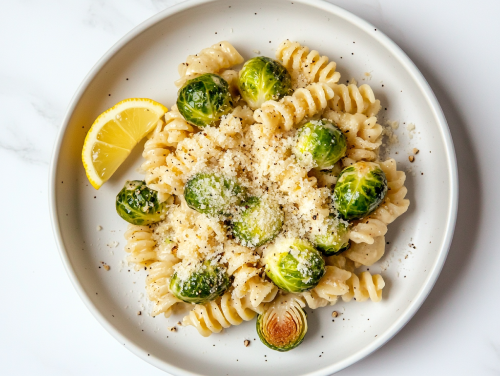 this image shows A delicious serving of vegan one-pot creamy garlic Brussels sprouts pasta in a white round dish, topped with shredded vegan Parmesan and served with a half lemon on the side for added freshness and zest.