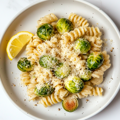 this image shows A delicious serving of vegan one-pot creamy garlic Brussels sprouts pasta in a white round dish, topped with shredded vegan Parmesan and served with a half lemon on the side for added freshness and zest.