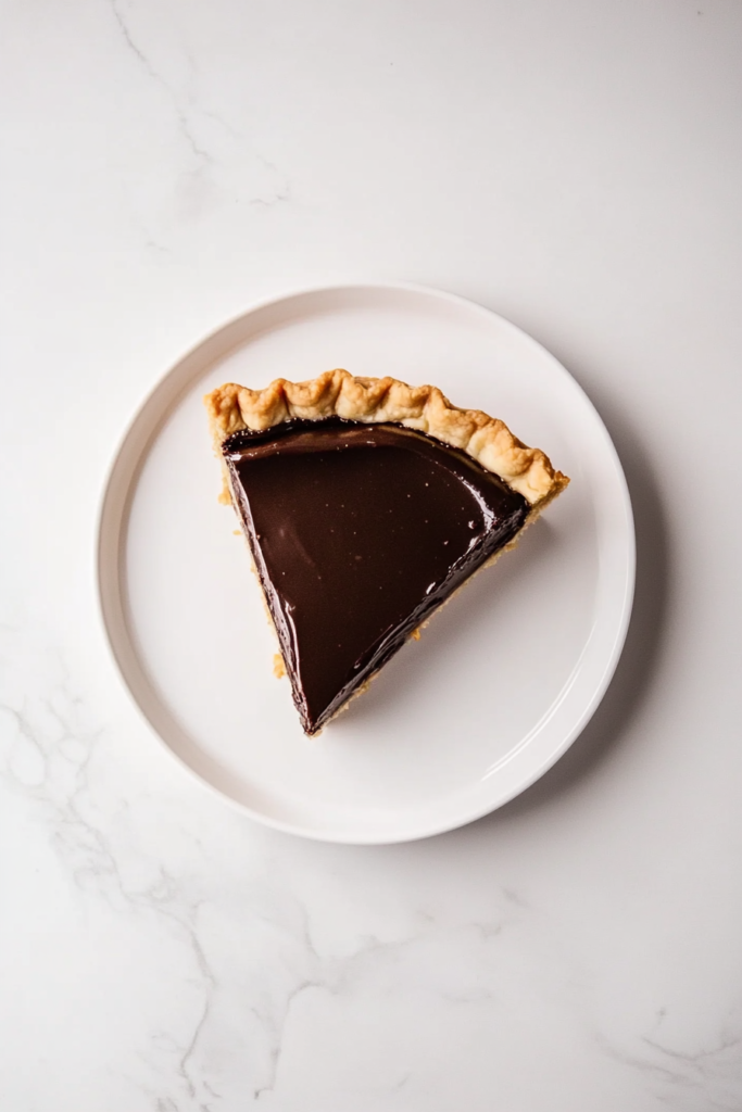 this image shows mouthwatering slice of vegan peanut butter cup pie, featuring a rich chocolate topping and a golden crispy crust, served on a white round plate.