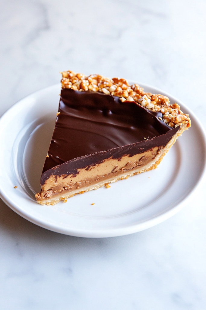 this image shows rich slice of vegan pretzel peanut butter chocolate pie with a thick chocolate topping and a crunchy golden-brown crust, served on a white plate.