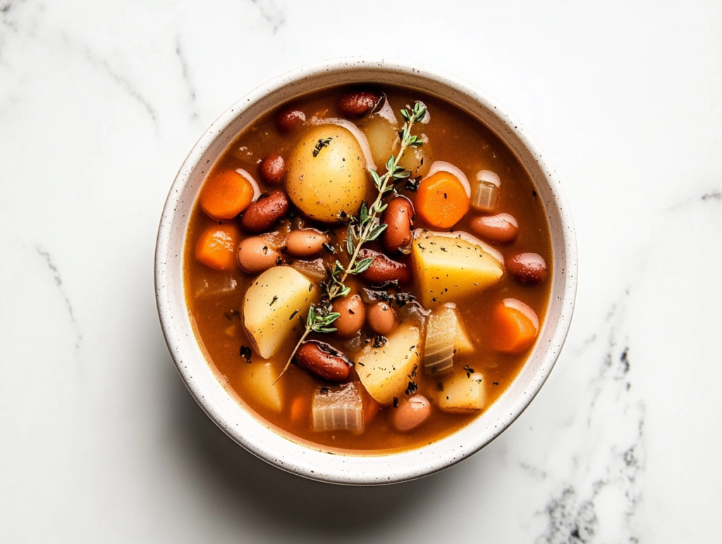 This image shows a hearty vegetable and pinto bean soup served in a white bowl, enriched with tender potatoes, beans, and carrots, and garnished with fresh thyme leaves for an aromatic finish.