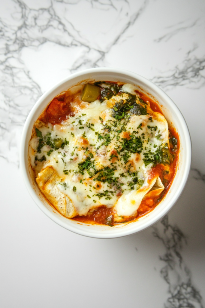 This image shows vegetarian enchiladas served in a white round bowl, covered in savory enchilada sauce and melted cheese, offering a warm and satisfying plant-based dish.